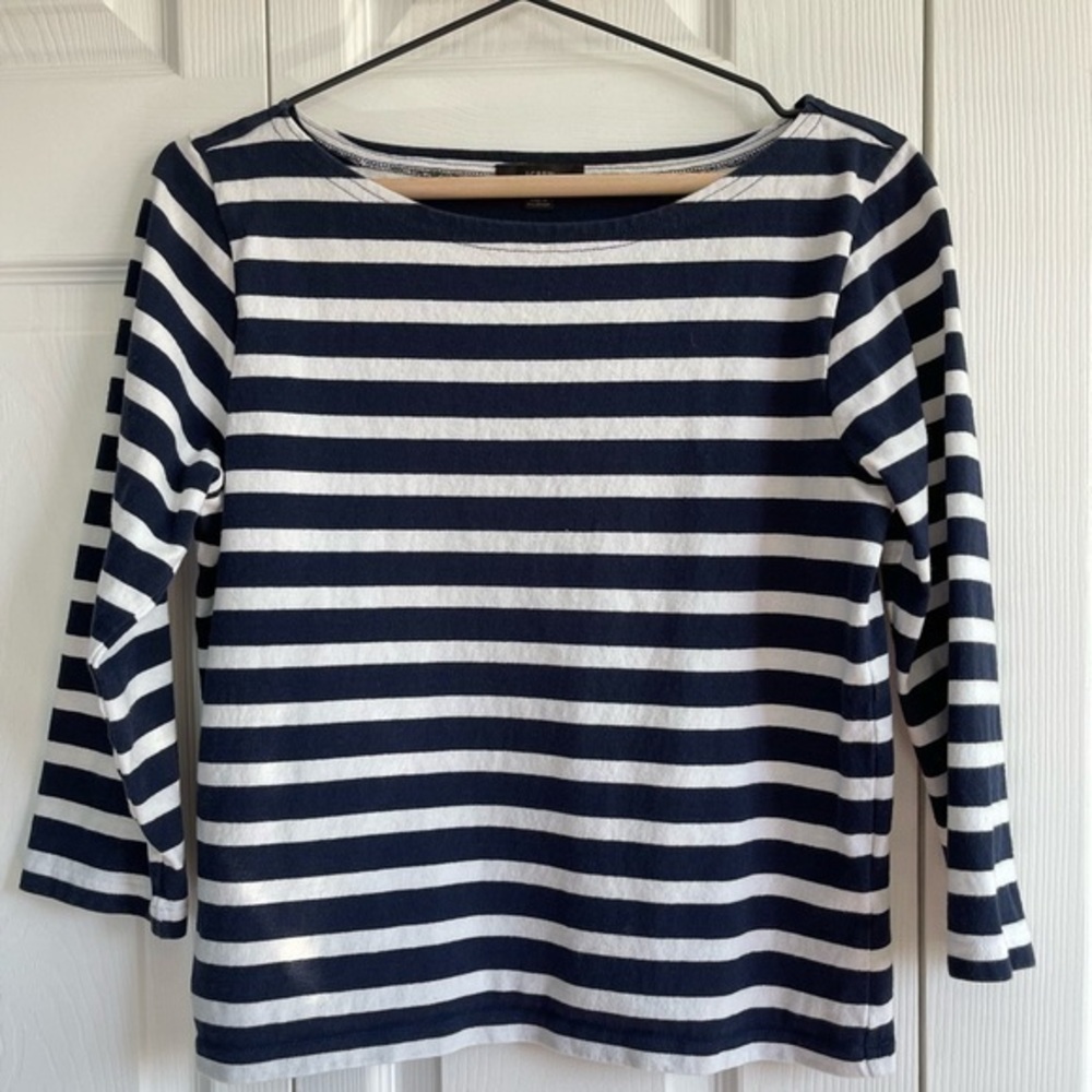 J.Crew 100% cotton, white & navy nautical costal chic classy, long sleeve top S